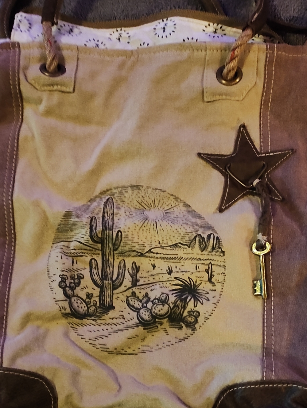 Myra Bag Desert Cactus Canvas Tote Bag - Beige/Brown